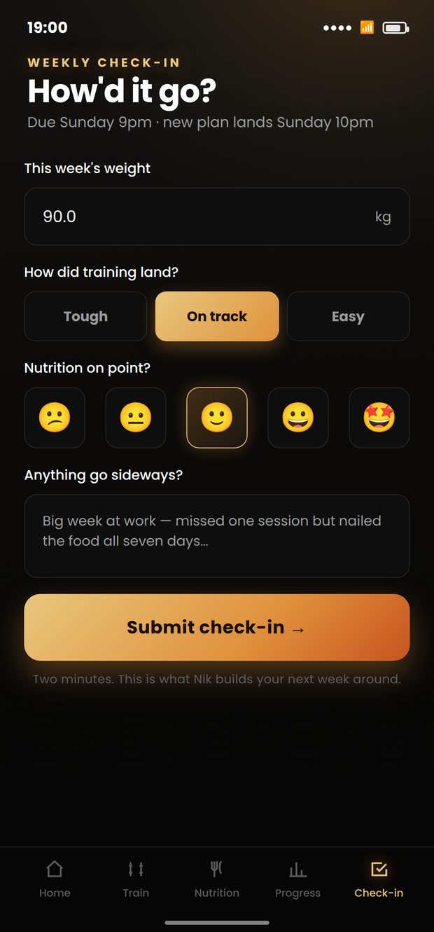 The weekly check-in form