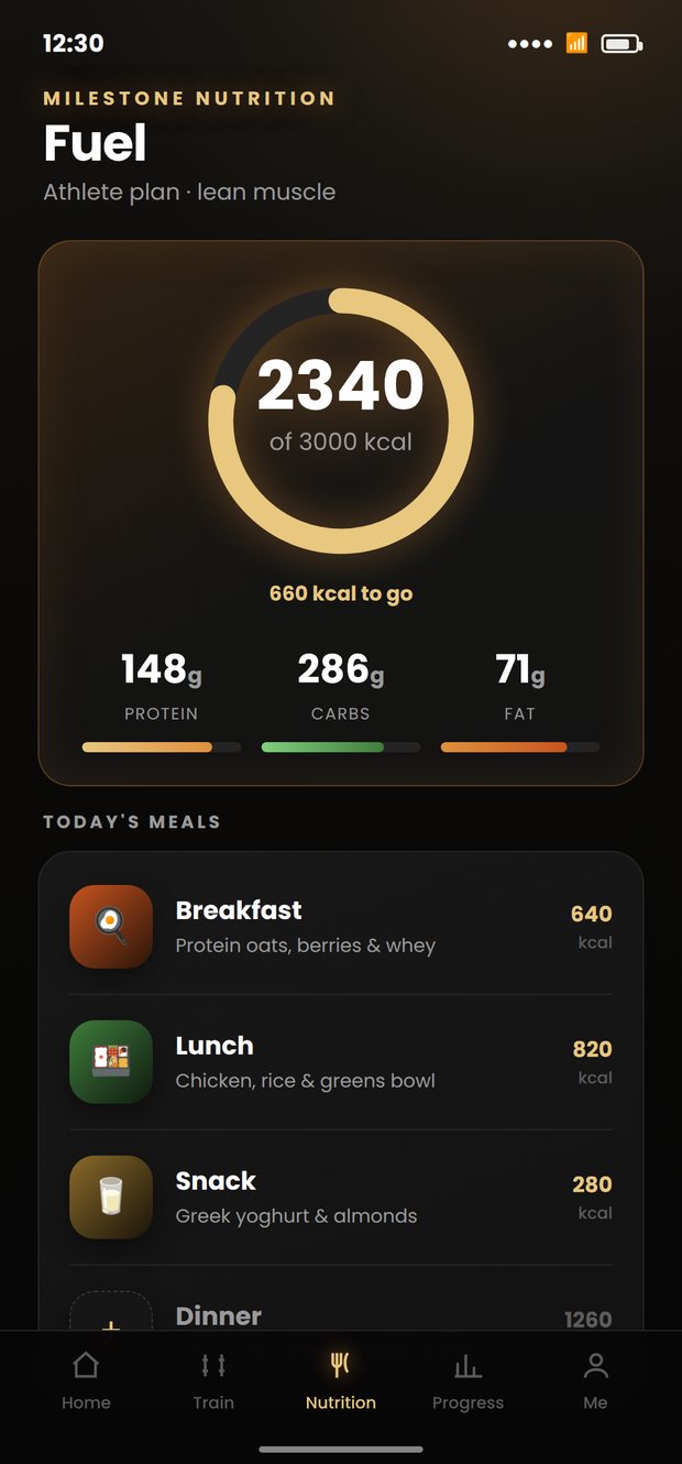 Your daily calorie and macro targets with the day's meals
